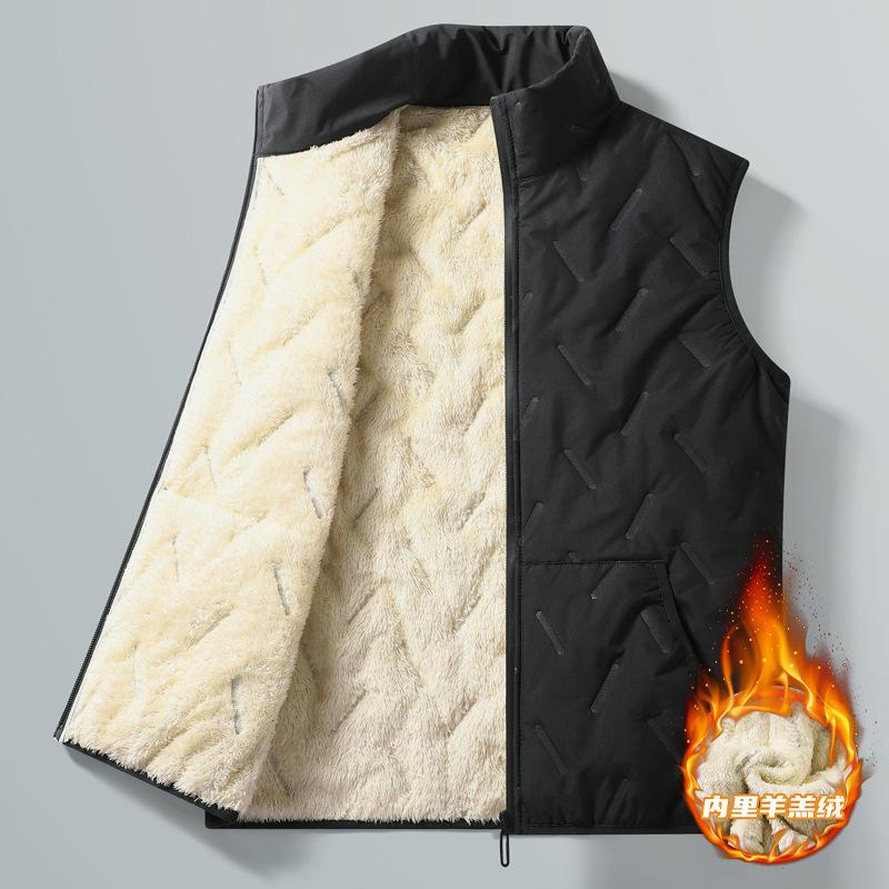 Lamb Wool Cotton Vest Men's Autumn and Winter Stand-up Collar Large Size Velvet Thickened Vest Middle-aged and Elderly Warm Vest Jacket