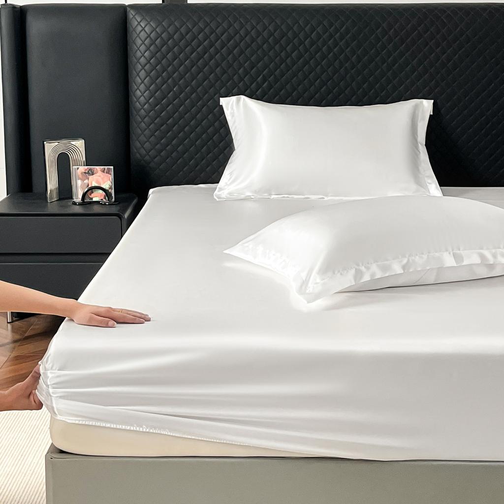 3Pcs Luxury Satin Fitted Sheet Set Soft Comfortable Breathable Solid Color Bedding Mattress Protector Set for Double Full Size
