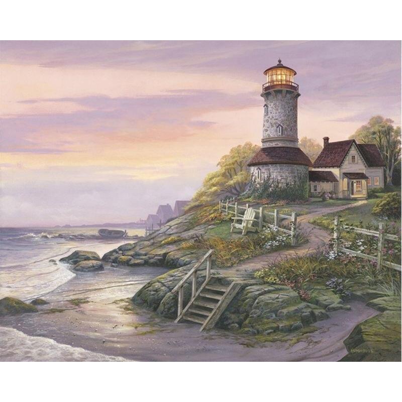 Embroidery Stitch Cross Diamond Lighthouse Diamond Painting 5d Diamond Mosaic Seascape Full Round Home Decor