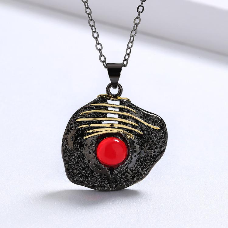 Unique Irregular Inlaid Ruby Black Gold Two-tone Ring Necklace Earrings Black and Gold Two-tone Three-piece Set Women Jewelry