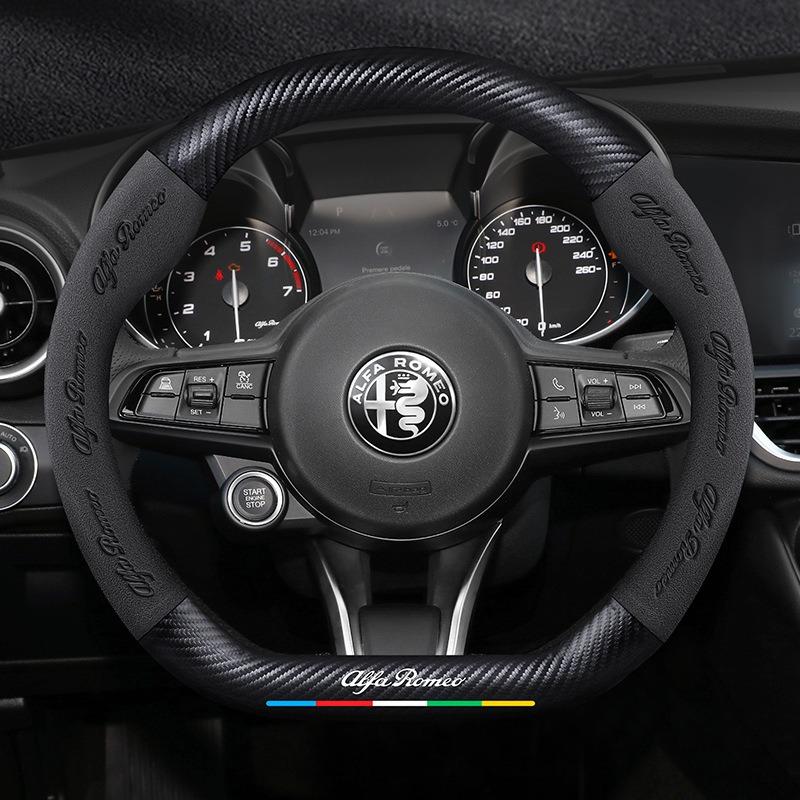 Stickers Carbon Suede Car Steering Wheel Cover For Alfa Romeo GT 147 156 159 166 Giulia Tonale Stelvio Giulietta Mito Milano