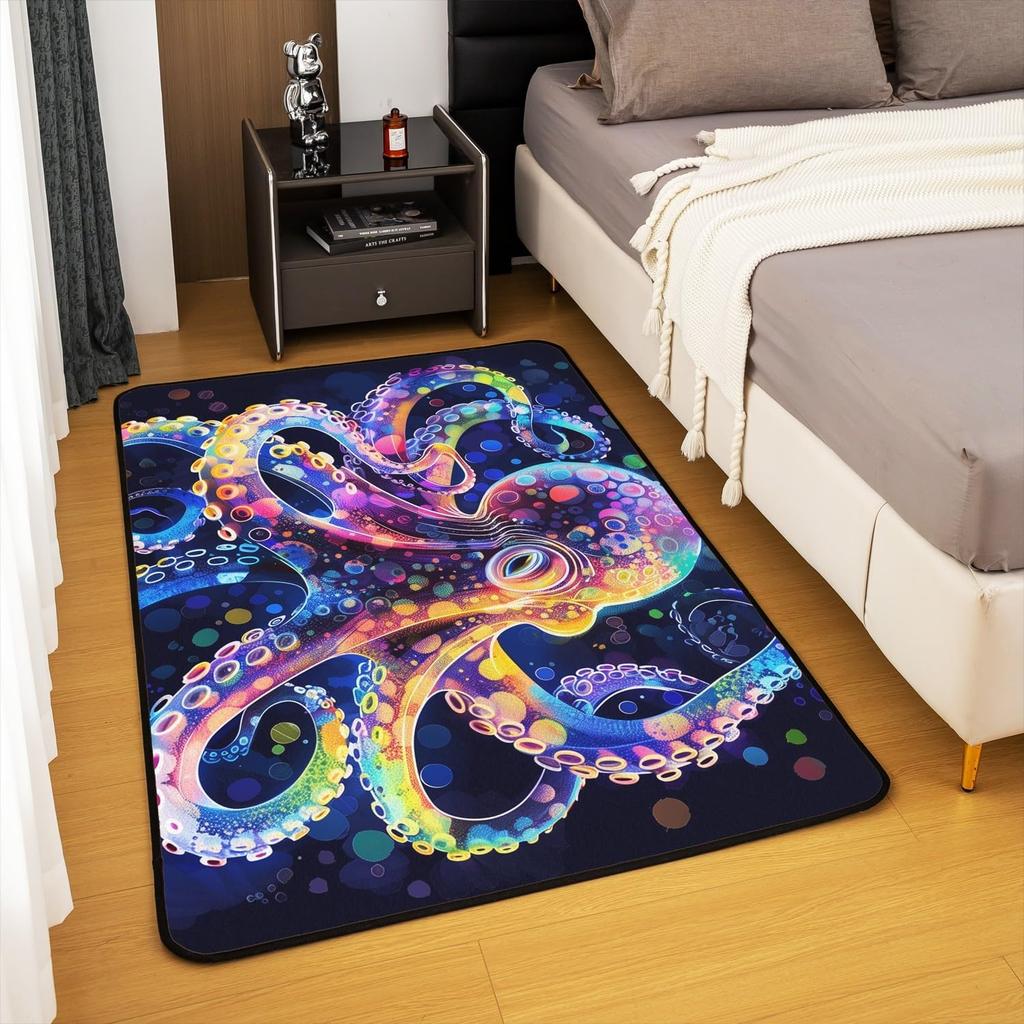 Ocean Themed Living Room Rugs for Bedroom Area Rug Octopus Decor Carpet for Boys Girls Teens Tentacles Indoor Floor Mat Black