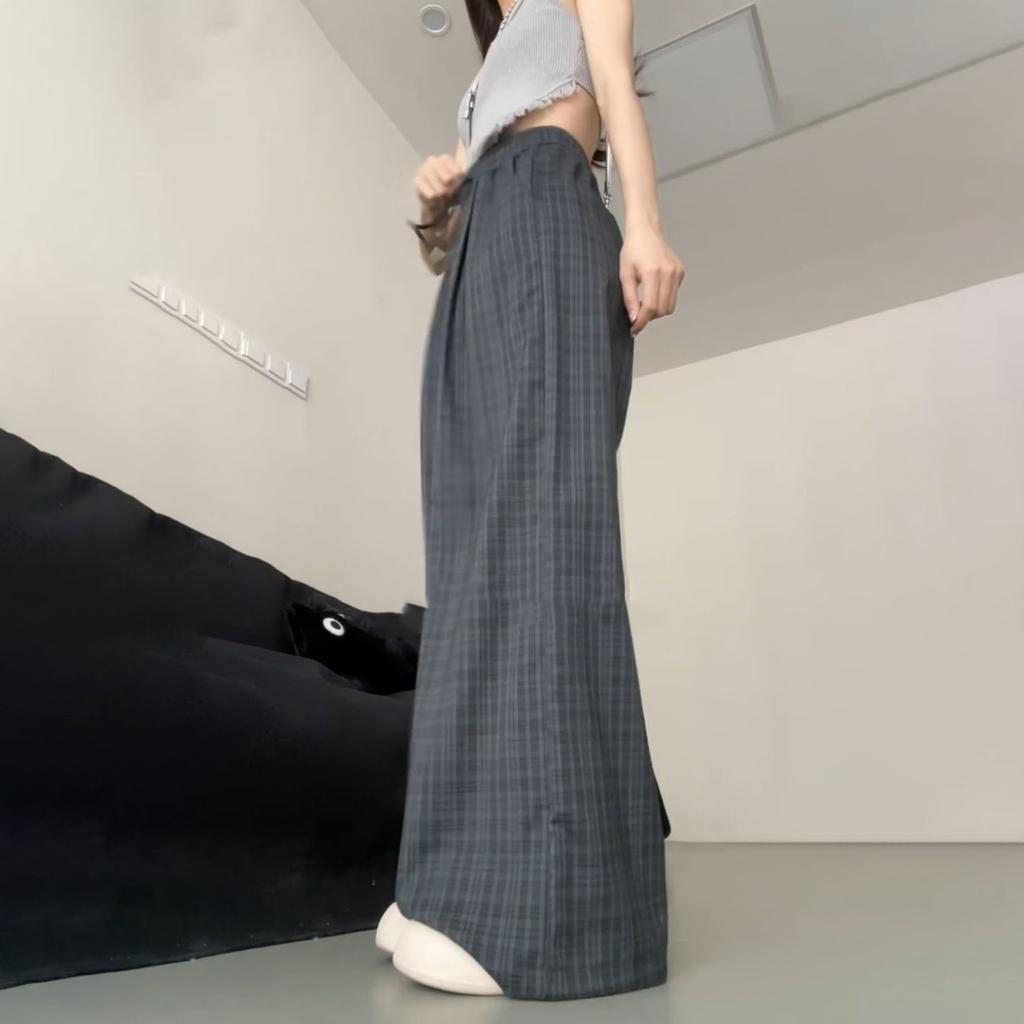 Frühlings-/Sommerliche fließende hochtaillierte karierte Hose mit geradem Bein für Damen - Lässige Weitbein-Hose