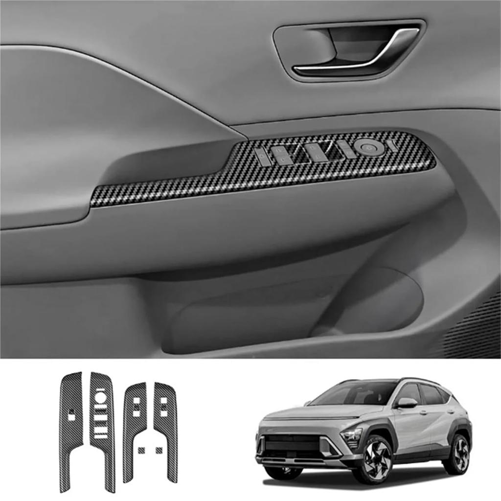 Car Door Armrest Cover Panel Compatible with Hyundai KONA 2024+ Window Glass Lift Switch Button Trim Frame Carbon Fiber Pattern
