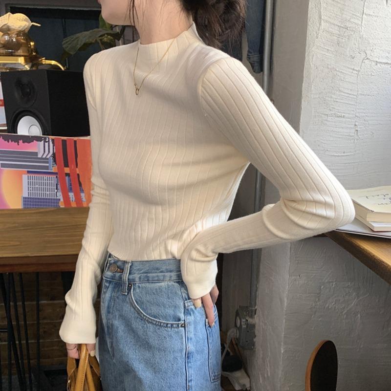 Spring High-end Slim-fit Short Inner Temperament Semi-turtleneck Long-sleeved Knitted Bottoming Shirt Women's Pit Strip Sweater