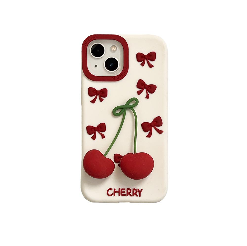 

3D Bow Cherry Pendant Shockproof Cover Cartoon Shatter Silicone Soft Phone Case For iPhone 17 16 15 14 13 12 Pro Max For iPhone 17&Silicone бежевий