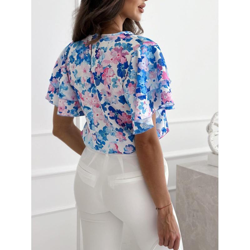 New European & American Summer Fashion Print Ruffle Sleeve Top