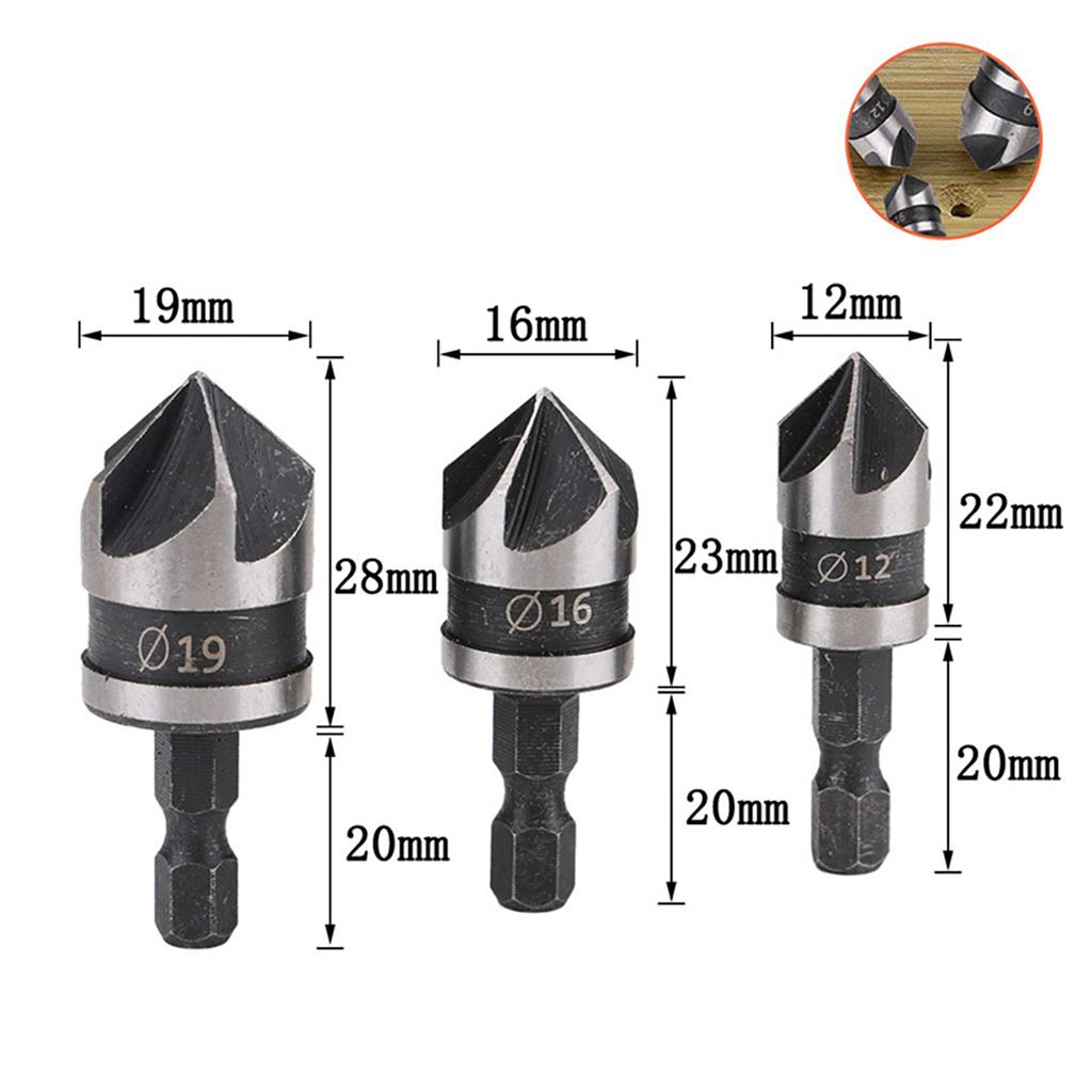 90 Degree Steel 3Pcs Carbon Hexagonal Shank Chamfer Wood Work Hole Drill Bit