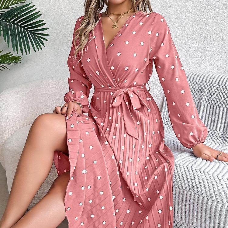 Women Long Sleeve A Line Long Dress High Waist Dot Pleated Autumn Winter Fashion