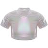Girls Jazz Dance Top Metallic Short Sleeve Round Neck Crop Tee for Cheerleading Stage Performance