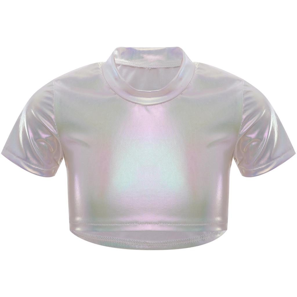 Girls Jazz Dance Top Metallic Short Sleeve Round Neck Crop Tee for Cheerleading Stage Performance