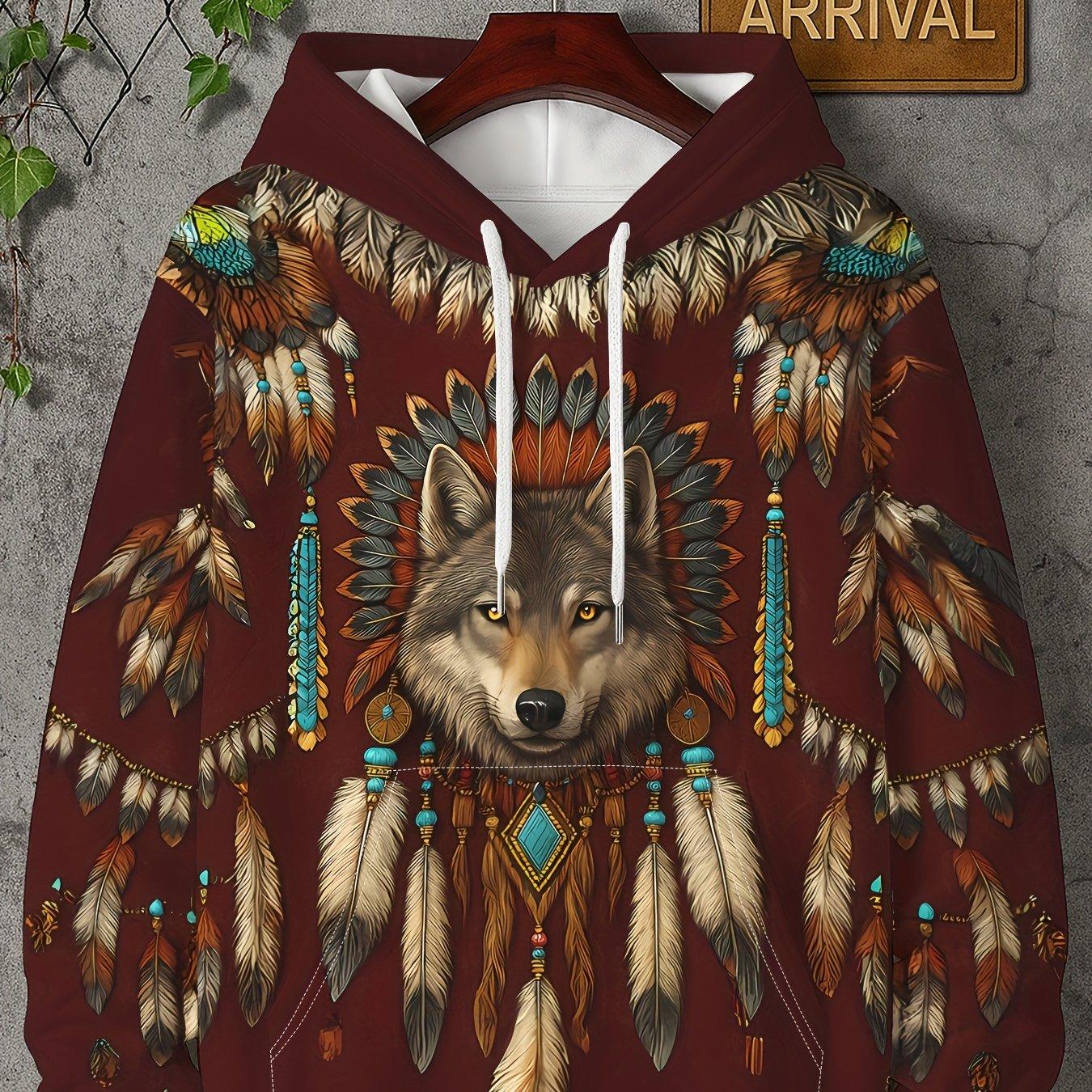 

[Уникальная толстовка с волком] Уникальная толстовка с 3D-принтом волка в племенном стиле, мужской свитшот с карманом XL