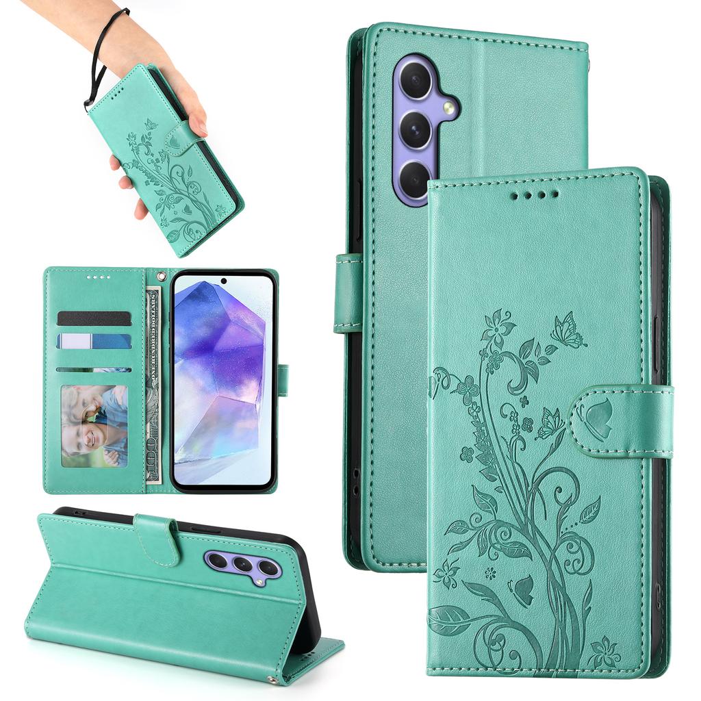 For Samsung Galaxy A16 5G/4G Wallet Case Butterfly Floral Imprint PU Leather Phone Cover with Wrist Strap
