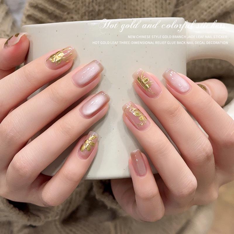 2025 Autumn/Winter Retro Gold Foil Nail Art Stickers: Embossed Floral Branches & Jade Leaves Accessories