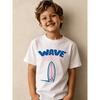 European sizes Cartoon Wave Surfboard Print T-Shirt, Fun Beach Surf Theme Short Sleeve for Boys and Girls, Pink Clouds and Blue Fin Pattern