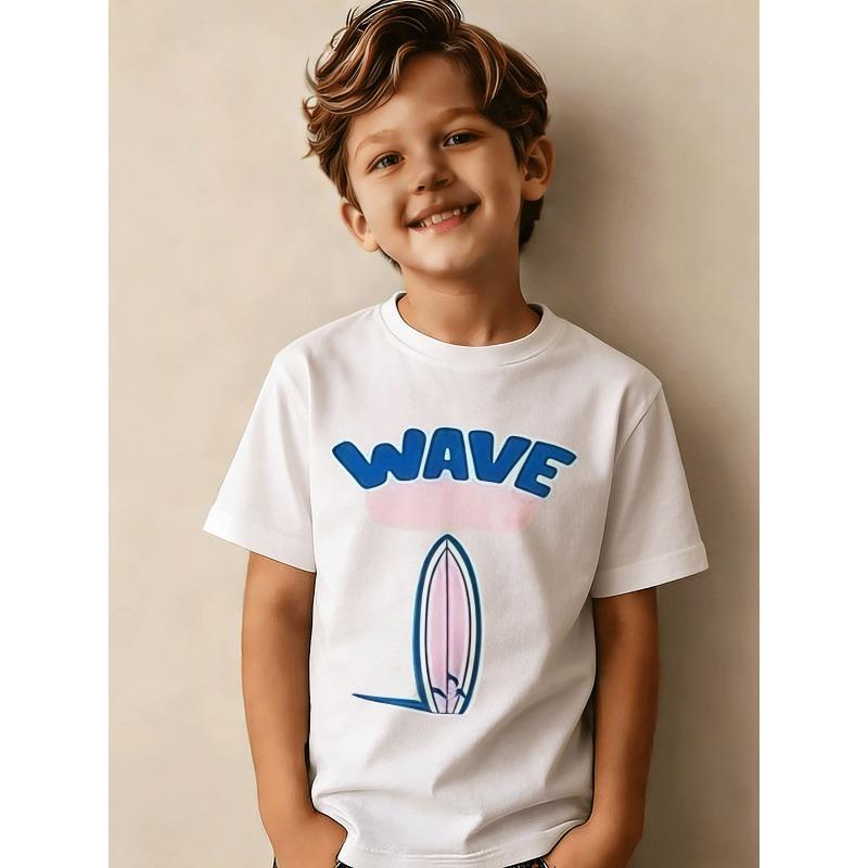 European sizes Cartoon Wave Surfboard Print T-Shirt, Fun Beach Surf Theme Short Sleeve for Boys and Girls, Pink Clouds and Blue Fin Pattern