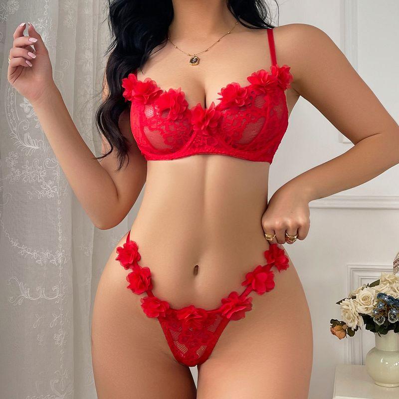

Модный красный День святого Валентина Сексуальный дизайн Классное нижнее белье Женское Кружево Цветы Изысканный Очаровательный Комплект бюстгальтера Тренд Red S