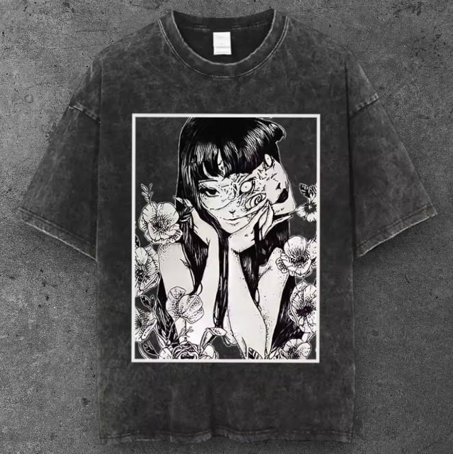 Mens Anime Girl Horror Manga Oversized T Shirt Washed Black Grunge S-2XL S разноцветный
