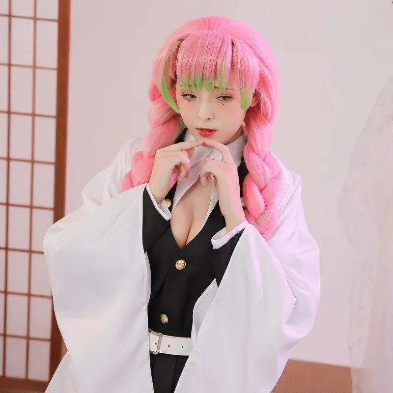 Bilibili Anime Přemožitel démonů Kanroji Mitsuri Cosplay Kimetsu no Yaiba Kostým Kimono Jednotná sada paruk Halloweenské karnevalové oblečení