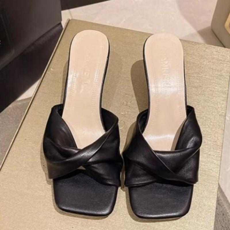 New Arrivals Open Run Women Ribbon Twisted Square Toe Low Heel Sandals