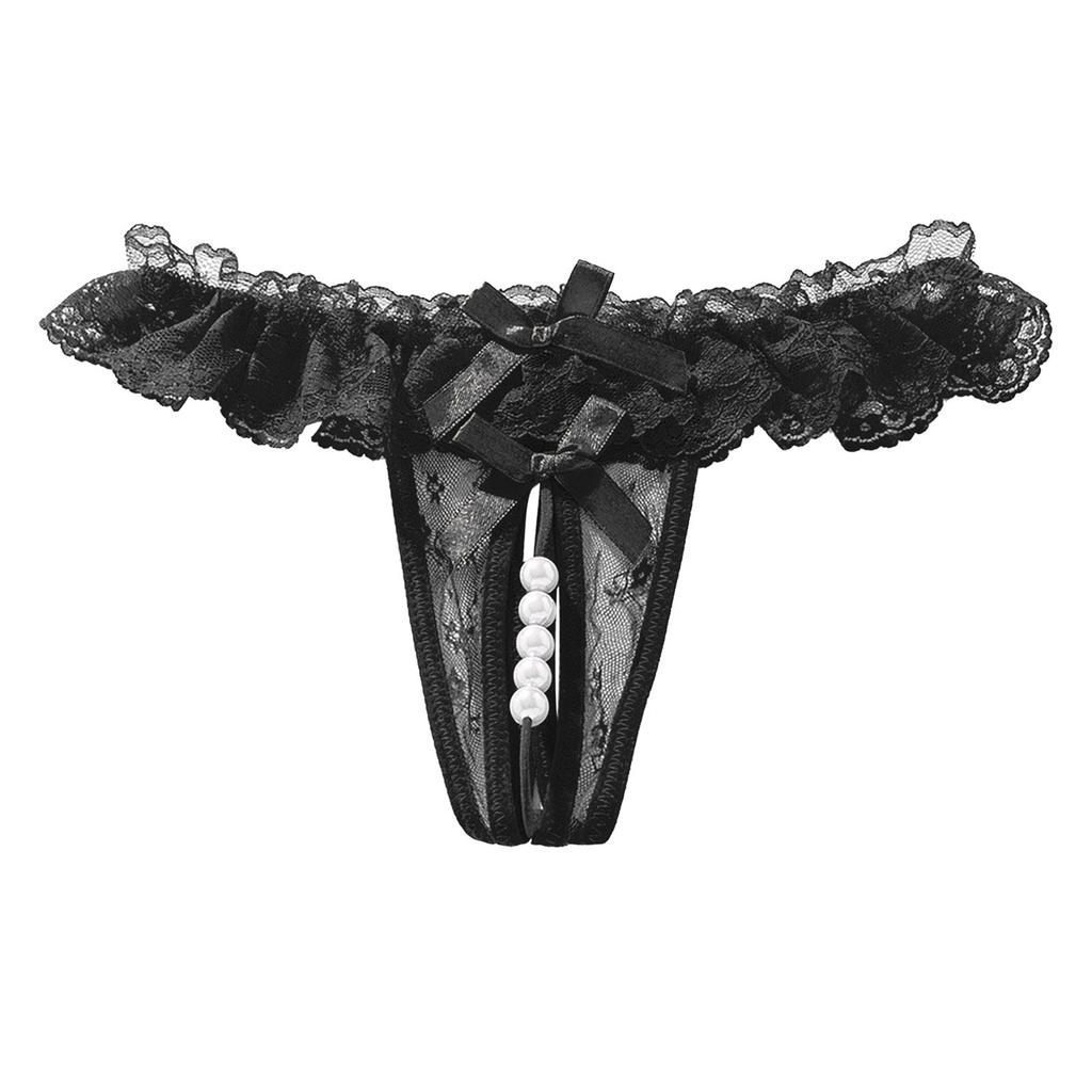 Women Lace Open Crotch Thong Hollow Out Sexy Pearl Massage Transparent Lace Panties Low Waist Sexy Lingerie T-Back Porn G-String