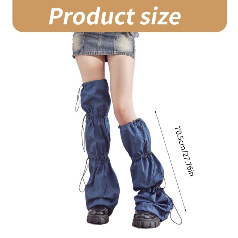 Punk Jeans Leg Warmers with Drawstring Bandage Harajuku Leg Cover Flared Over Knee Long Socks Streetwear for Women