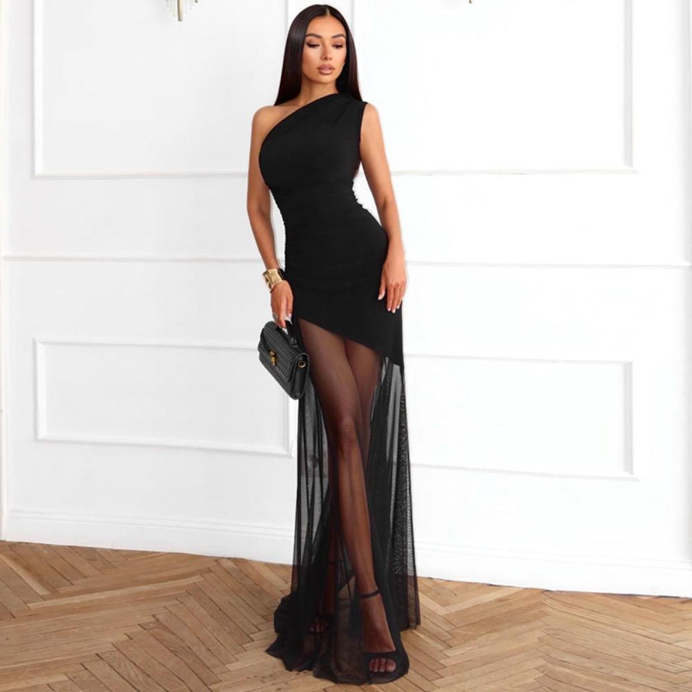 Women's One Shoulder Sleeveless Maxi Dress Slim Fit High Waist Streetwear Solid Mesh Sheer Split Long Gown
