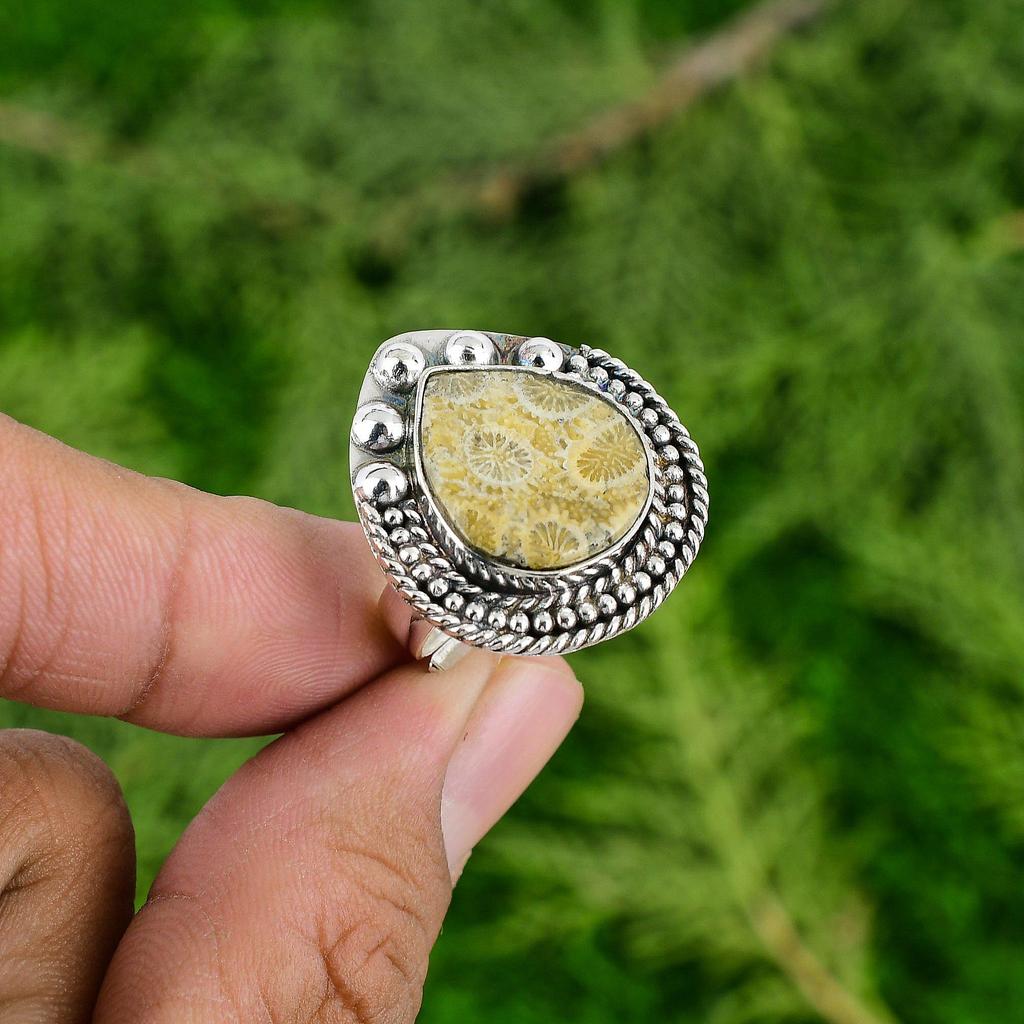 Thanks Giving Day Deal 925 Silver Pear Fossil Coral Stone Promise Solitaire Ring