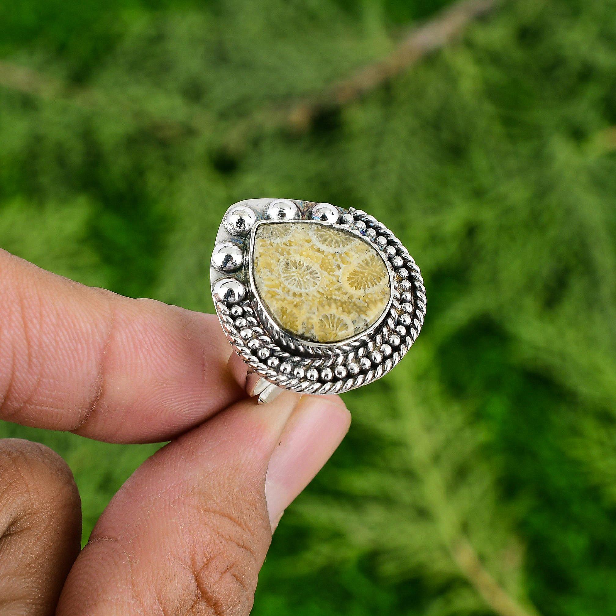 

Сделка на День Благодарения Кольцо-солитер Обещание из серебра 925 пробы с камнем ископаемого коралла грушевидной формы Adjustable