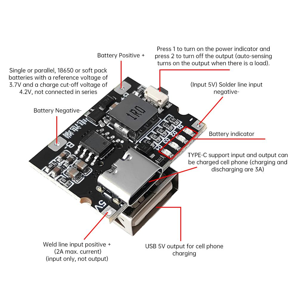 Type-c USB 5V 3A Integrated Charge And Discharge Module 3.7V 4.2V Power Board Charge Discharge Protection Lithium Battery Boost