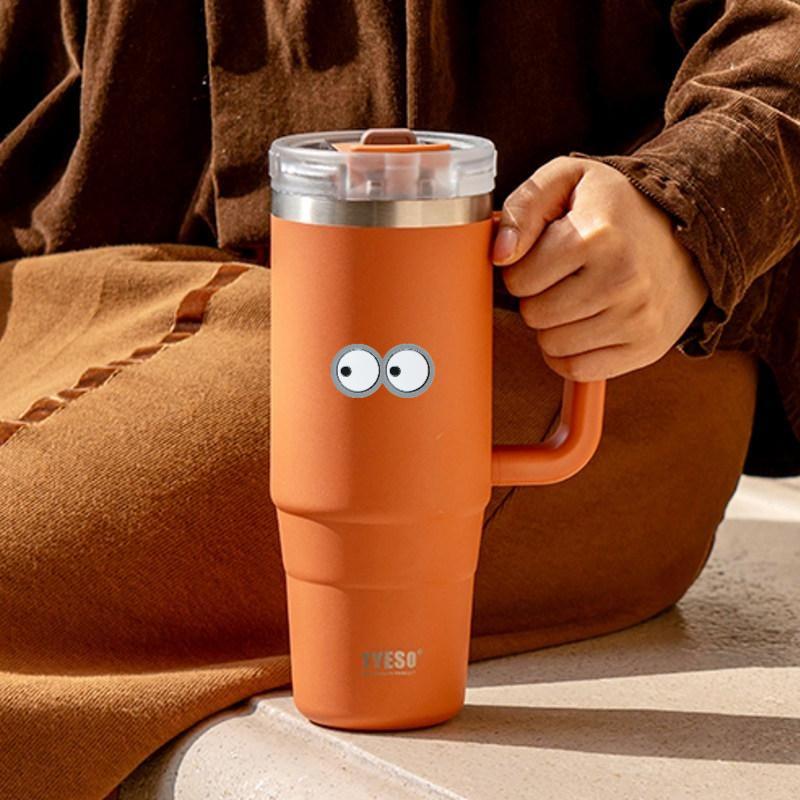 1200ml Tyeso Vacuum With Handle Bottle Stainless Steel Car Mug Straw Thermal Iced Travel Cup Tumbler Hot Cold Water Cup with Eye Sticker