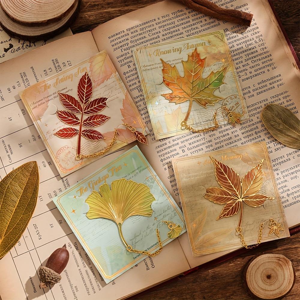 4pcs Vintage Autumn Leaves Hollow Bronzing Metal Bookmark with Metal Chain Pendant Bookmark for Birthday Writers Teachers