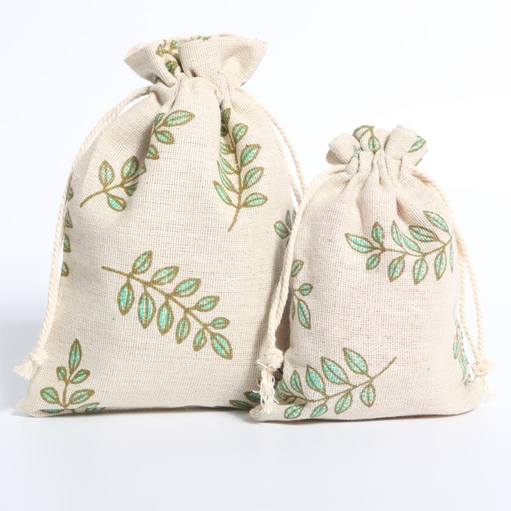 3Pcs / 5Pcs Gift Bags Linen Green Leaves Packaging Drawstring Pouches Gift Jewelry Packaging Wedding