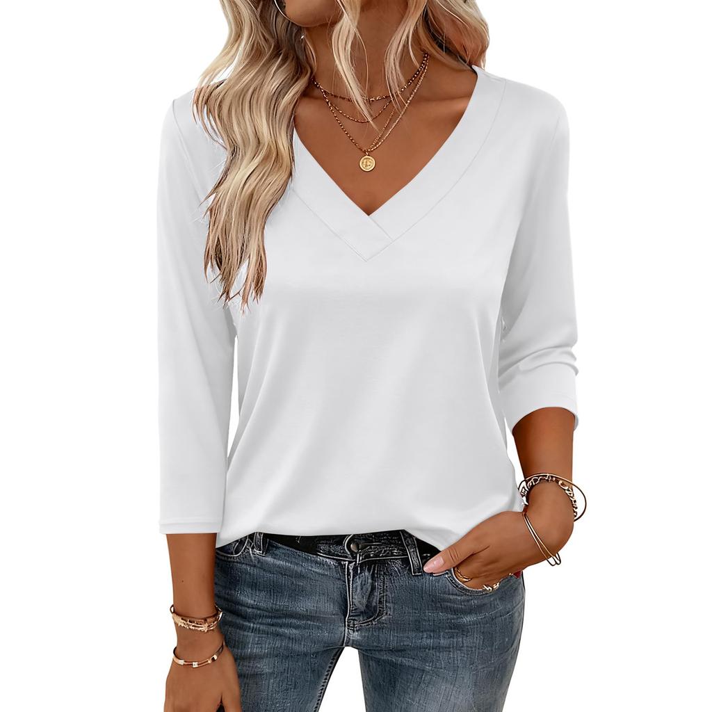 Damskie bluzki z rękawem 3/4, koszulki z dekoltem V, casualowe bluzki, podstawowe t-shirty
