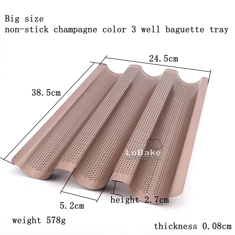 2 Sizes 3 Well Champagne Gold Colour Nonstick Coating Perforated Baguette Tray Pan French Bread Mold Baking Equipment