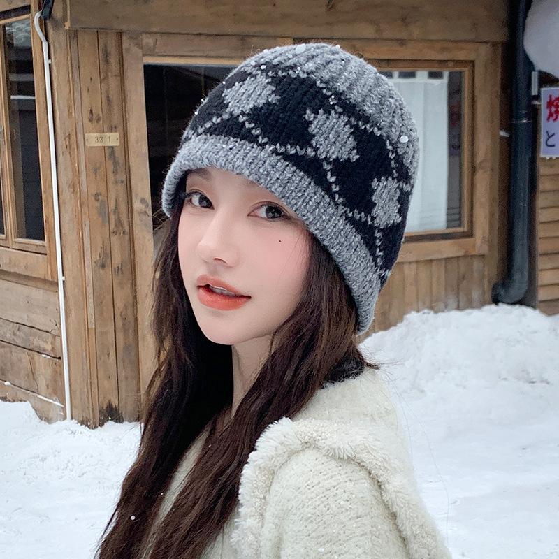 Korean Retro Rhombus Knitted Hat Versatile and Fashionable Korean Style Trendy Pullover Hat Outdoor Autumn and Winter Warm Woolen Hat for Women