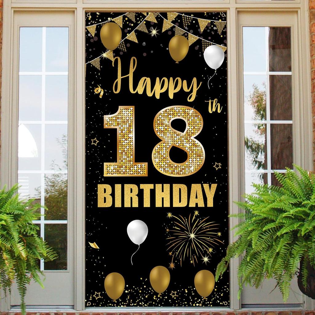 18th Birthday Door Banner Backdrop, Happy 18th Birthday Decorations for Girls Boys Black Gold, 18 Years Old Birthday Party Photo Props Yard Sign for