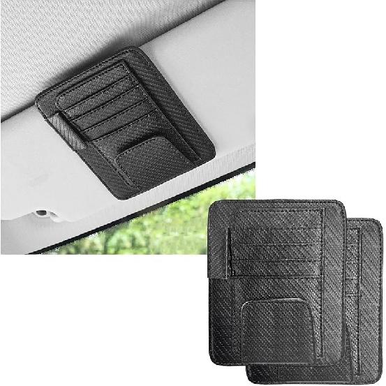 2PCS Small Leather Car Sun Visor Organizer, Multifunctional Auto Visor Document Holder With Sunglasses Clip, Universal Car Interior Organizer For
