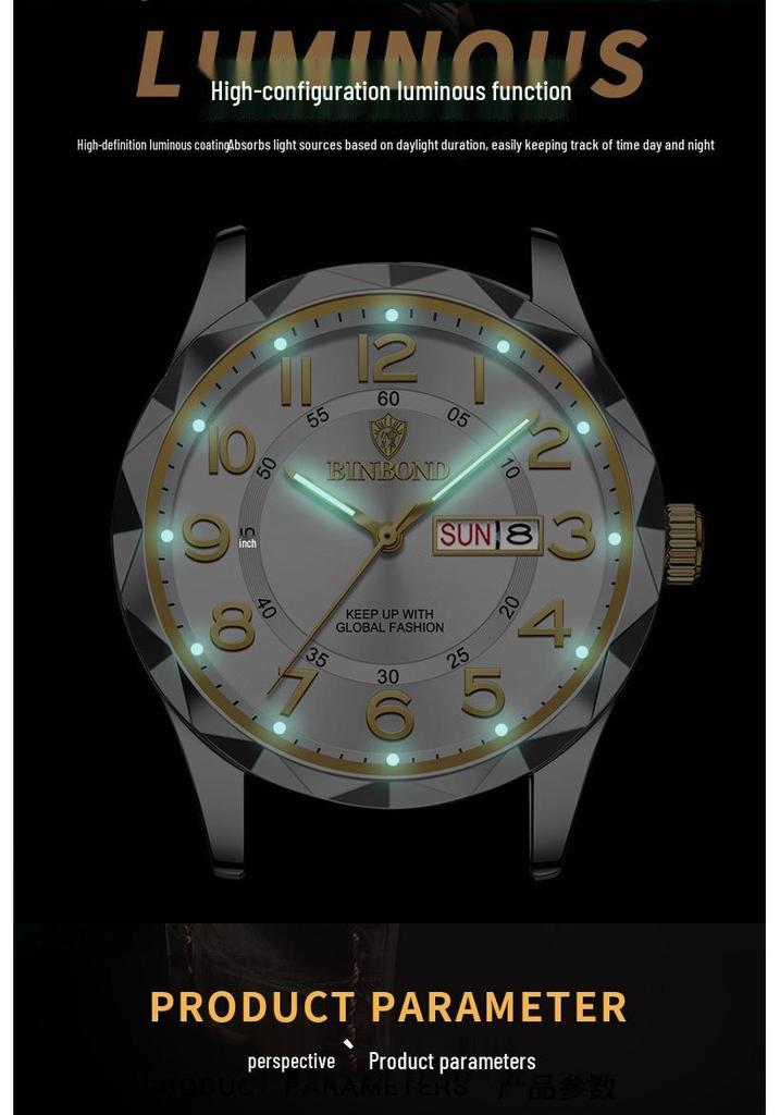 Binbang Ultra-thin Luminous Men's Quartz Watch - Automatic Movement, Waterproof with Calendar, Leather Strap, Business & Fashion Style.
