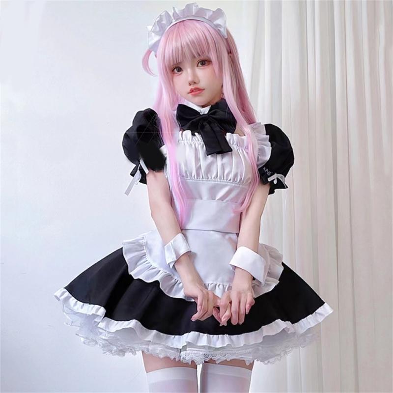 Anime Maid Costume Set Anime Maid Apron Maid Dress, Maid Headpieces, and Maid Bowtie Halloween Cosplay Costume