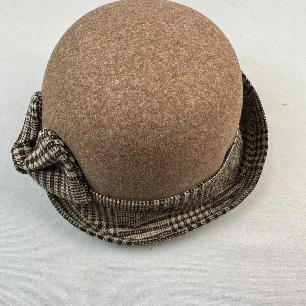 Basin Hat Women's Autumn and Winter Hemming Elegant Bow Woolen Hat Plaid Top Hat British