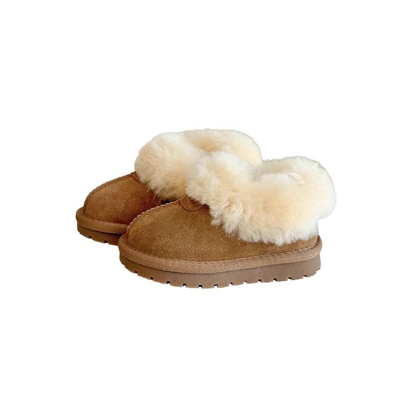 Children's Genuine Leather Snow Boots Lamb Wool Cotton Shoes Korean Style Plus Velvet Thickened Loafers