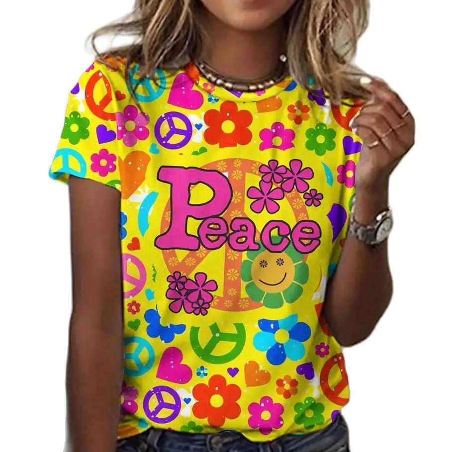 Women Peace Print Oversized T-Shirt Summer Clothing  Big Size Tees Short Sleeve Female Cheap Shirt S