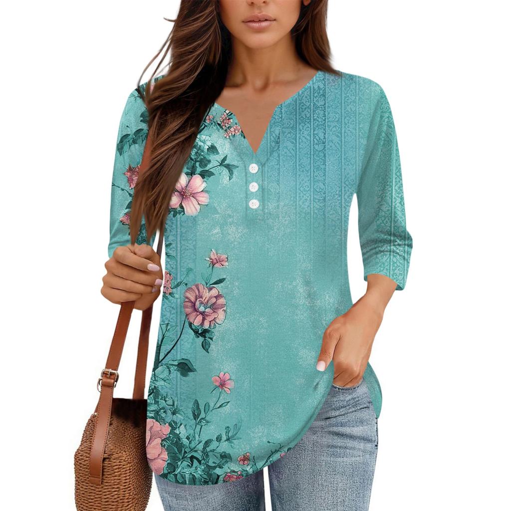 Damen V-Ausschnitt Freizeit Dreiviertelarm Knopf-Detail Top mit Blumenmuster