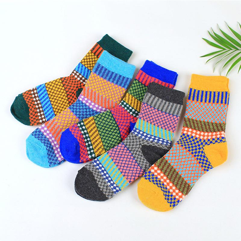 5 Pairs of Thick and Warm Rabbit Wool Socks for Women In Autumn and Winter, Fine Check and Artistic Style Cashmere Women's Socks