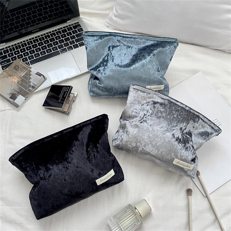 Trendy Velvet Cosmetic Bag Large Capacity Travel Suede Storage Bag Simple Women Girly Portable Clutch Toiletry Bag Gifts