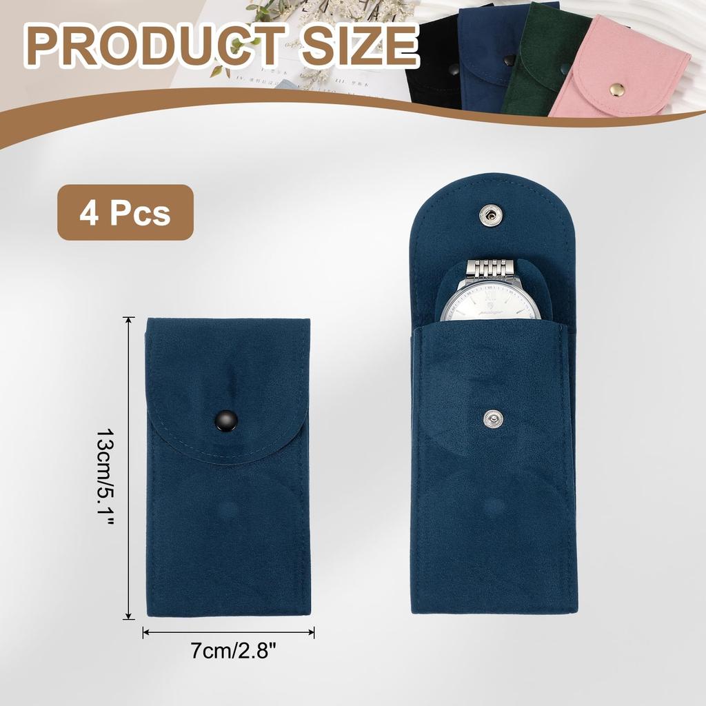 uxcell Velvet Watch Pouch 4-Piece Set, 13 x 7cm5.1 x 2.8" Portable Travel Case, Jewelry Storage Bag, Unisex Watch Storage Pouch with Snap Button,