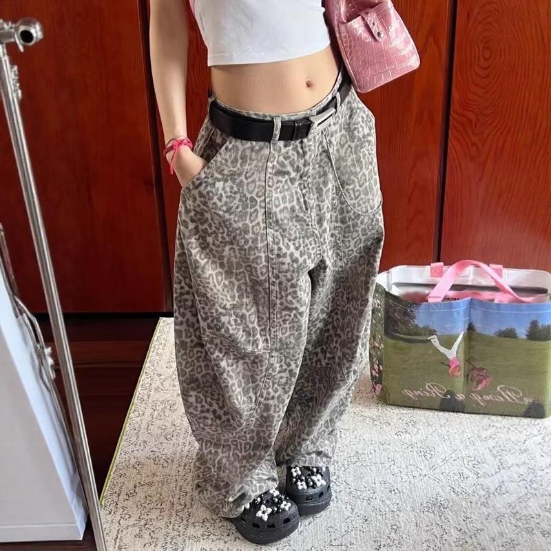 Summer hot sale washed leopard print jeans retro casual and thin versatile fashionable wide-leg trousers women