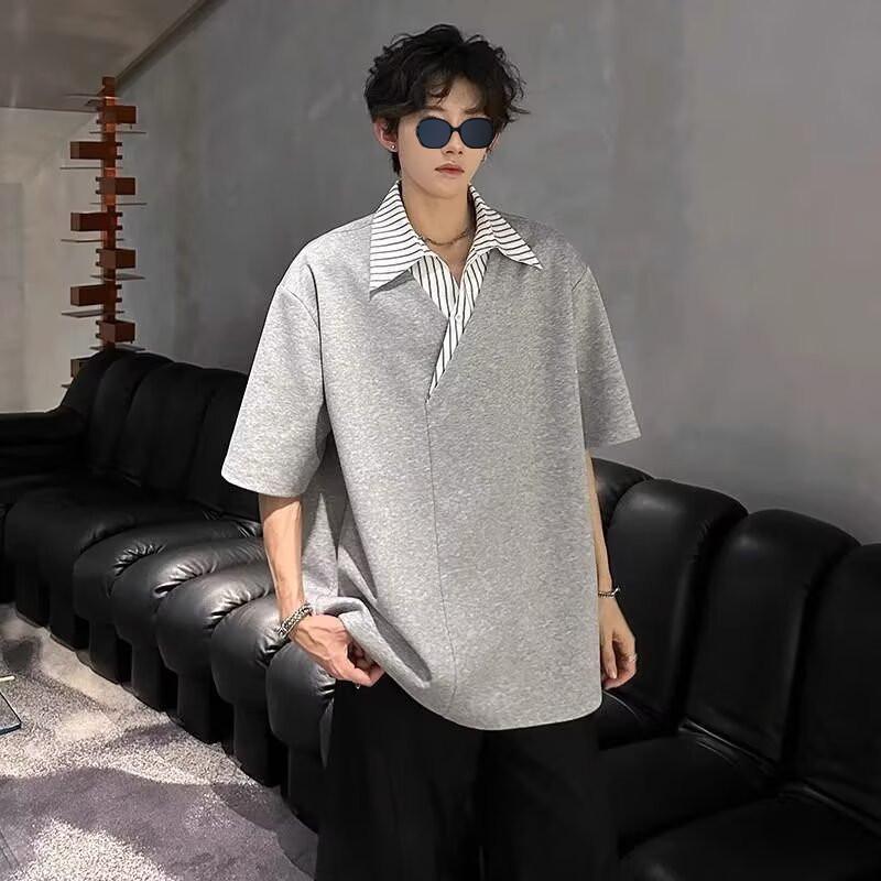 

Patchwork Polo Collar Unisex Summer Shirt: Loose, Short Sleeve, Versatile Design 3XL серый