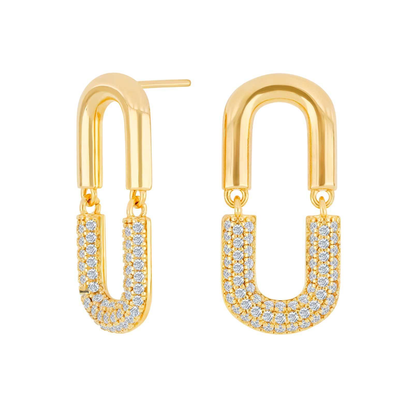 Elegant Double U-shaped Stud Earrings: Zirconia Inlaid Paperclip Design, 18K Gold Plated Copper